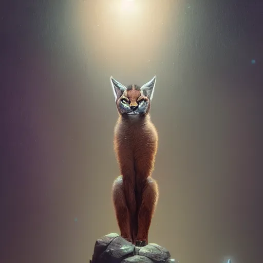 Image similar to The fluffiest cute caracal, fullbody, ultra high detailed, glowing lights, oil painting, Greg Rutkowski, Charlie Bowater, Beeple, unreal 5, DAZ, hyperrealistic, octane render, RPG portrait, dynamic lighting, fantasy art, beautiful face