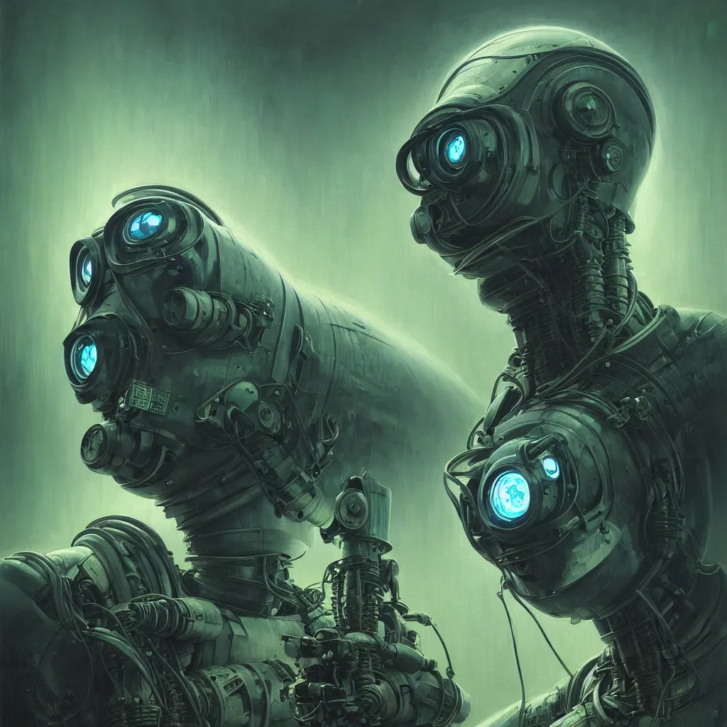 Prompt: low angle shot of a cyberpunk robot character wearing a gazmask in chernobyl, green eyes, intricate, elegant, highly detailed, centered, digital painting, artstation, concept art, smooth, sharp focus, illustration, artgerm, Tomasz Alen Kopera, Peter Mohrbacher, donato giancola, Joseph Christian Leyendecker, WLOP, Boris Vallejo