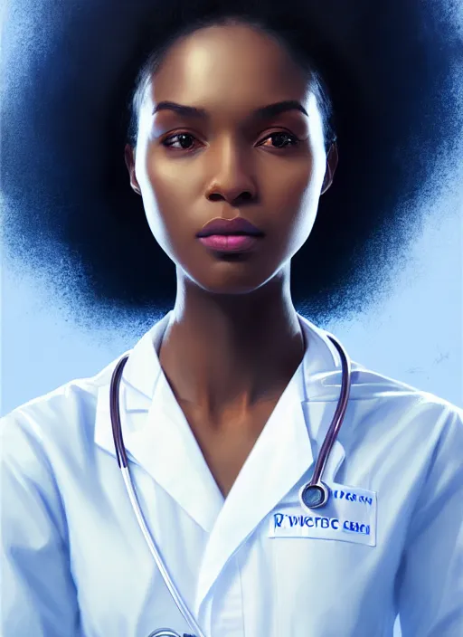 Image similar to full body portrait of young black woman with as a doctor, blue scrubs and white coat, intricate, beautiful and elegant, highly detailed, digital painting, artstation, concept art, smooth, sharp focus, illustration, art by wlop, mars ravelo and greg rutkowski