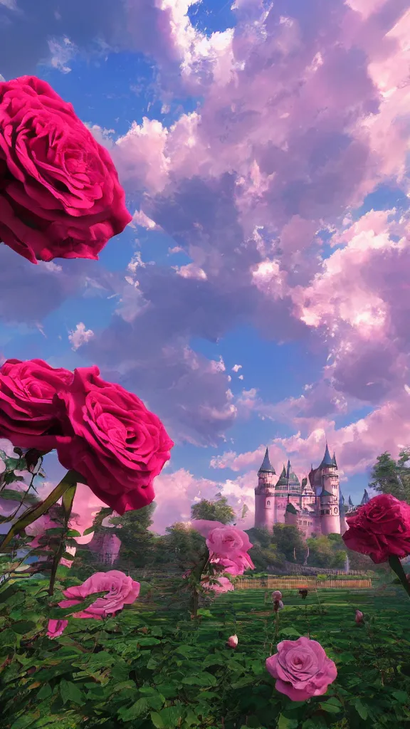 Prompt: roses, castles, pink clouds floating in the sky,, artstation, dslr, ray tracing reflections