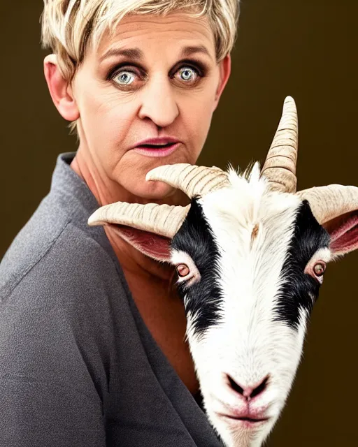 Image similar to headshot of an angry ellen degeneres as a goat person, she looks like a demonic mythological satyr, her eyes look like goat eyes with black horizontal pupils, she has long goat like ears, and goat horns on her head, her skin is covered in goat fur, 8 k, photo shoot, 9 inch kershaw soft focus lens f / 5. 6 bokeh