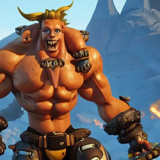 Image similar to a screenshot of junkrat arnold schwarzenegger as junkrat in overwatch