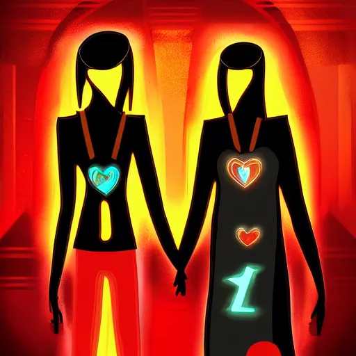 Prompt: tarot card of the lovers, cyberpunk theme, digital painting, artstation award winning, high contrast, black background with vivid colours
