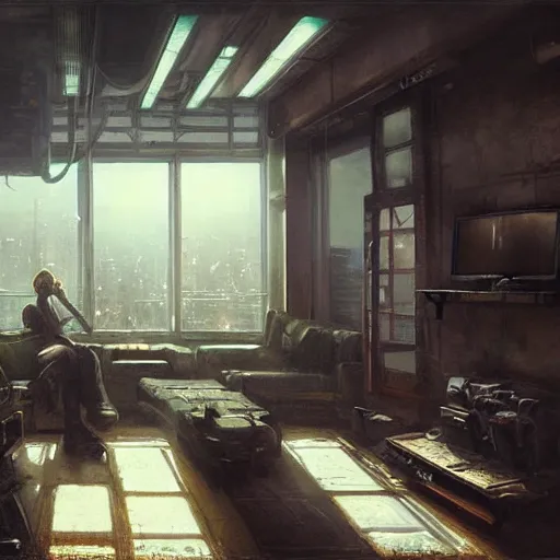 Prompt: cyberpunk living room interior, windows, light rays, buildings, dystoptian, gorgeous view, depth, painted by Seb McKinnon, clouds, tending on artstation