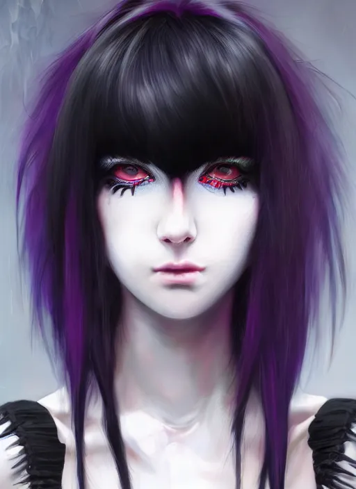 Image similar to hair blackbangs hair, white cyberlox, portrait of normal teenage girl, normal face, black bangs, messy bangs, fluffy bangs, cyberlox, whitebangs, red contact lenses, purple background, intricate, elegant, highly detailed, digital painting, artstation, concept art, sharp focus, smooth, illustration, art by wlop, mars ravelo and greg rutkowski