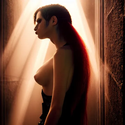 Prompt: photographic portrait of a stunningly beautiful gothic cyberpunk female in soft dreamy light at sunset, god rays, contemporary fashion shoot, by edward robert hughes, annie leibovitz and steve mccurry, david lazar, jimmy nelsson, breathtaking, 8 k resolution, extremely detailed, beautiful, establishing shot, artistic, hyperrealistic, beautiful face, octane render