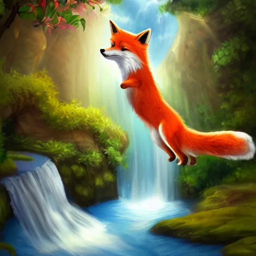 Image similar to A happy fox is jumping into a waterfall (storybook illustration for children, trending on Artstation)