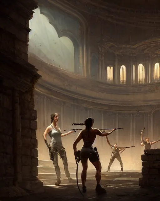 Image similar to lara croft exploring an italian opera house with numerous musclebound male goons patrolling the area, by wlop, greg rutkowski and peter mohrbacher, extremely detailed shading, concept art, digital painting, trending on artstation, unreal engine 5, octane render, atmosphere, lens flare, glow, cinematic lighting, full of color