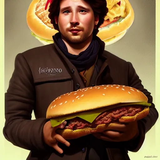 Image similar to portrait of Hans Solo eating a giant hamburger , extra onions and ketchup, luscious patty with sesame seeds, ketchup flying everywhere, feminine ethereal, handsome, D&D, fantasy, intricate, elegant, highly detailed, digital painting, artstation, concept art, matte, sharp focus, illustration, art by Artgerm and Greg Rutkowski and Alphonse Mucha