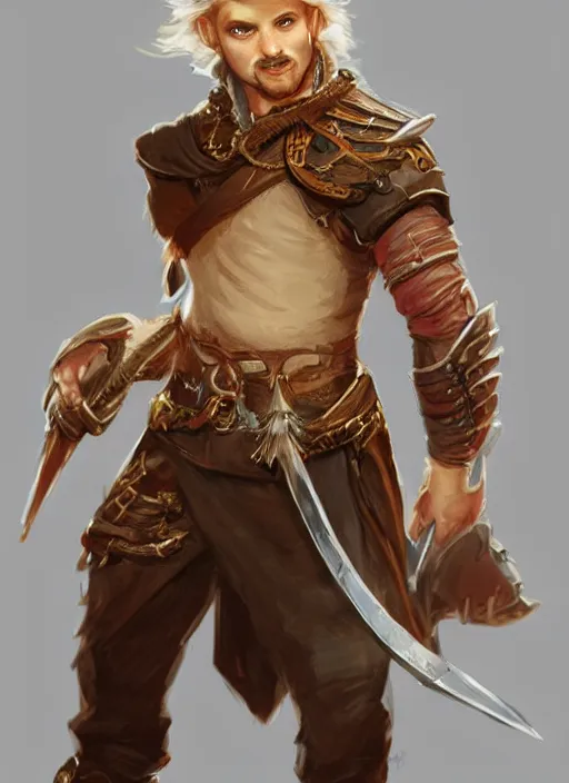 Image similar to young man with short white hair and moustache, dndbeyond, bright, colourful, realistic, dnd character portrait, full body, pathfinder, pinterest, art by ralph horsley, dnd, rpg, lotr game design fanart by concept art, behance hd, artstation, deviantart, hdr render in unreal engine 5