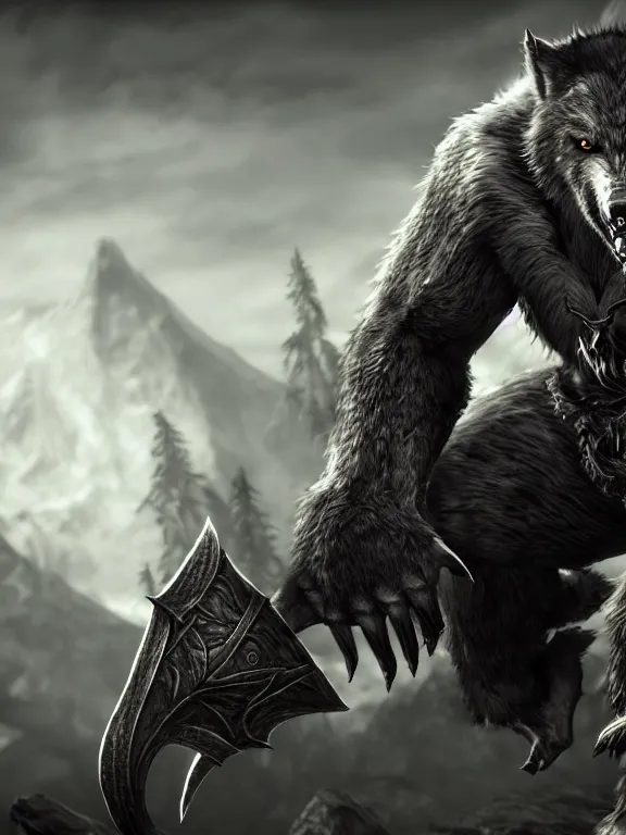 Image similar to cute handsome cuddly burly surly relaxed calm werewolf from van helsing unreal engine hyperreallistic render 8k character concept art masterpiece screenshot from the video game the Elder Scrolls V: Skyrim