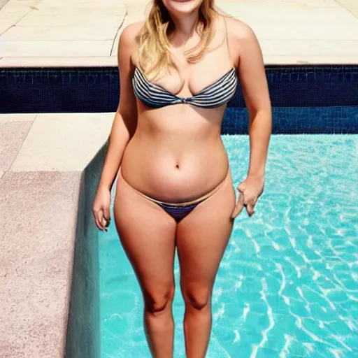 prompthunt: full body portrait of a slightly overweight gorgeous Brie  Larson wearing a micro bikini, wearing a skin-tight micro bikini that's a  few sizes too small, round chubby belly, distended belly, extremely