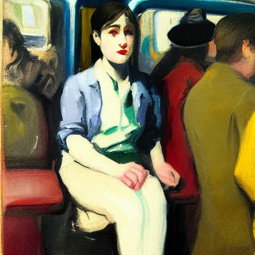 Image similar to “ a girl in the new york city subway, oil painting, by george bellows ”