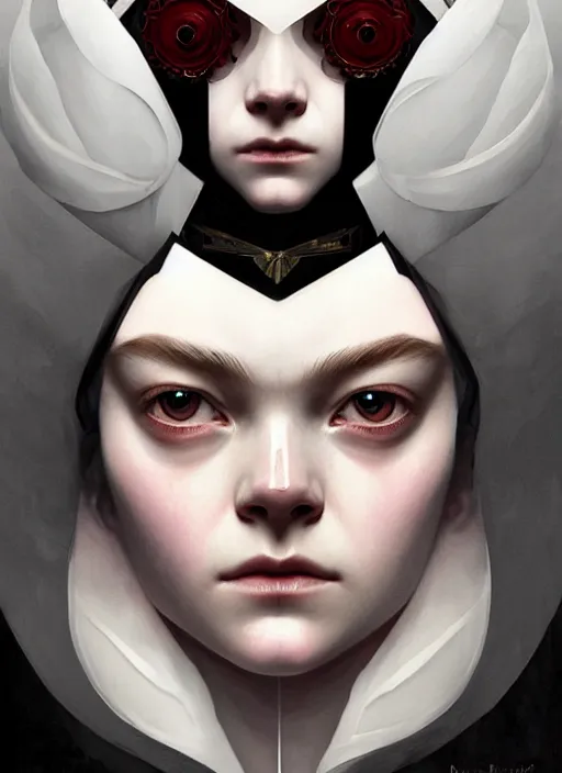 Image similar to symmetry!! portrait of elle fanning in dishonored, horror, fashion, dark!! intricate, elegant, highly detailed, digital painting, artstation, concept art, smooth, sharp focus, illustration, art by artgerm and greg rutkowski and alphonse mucha