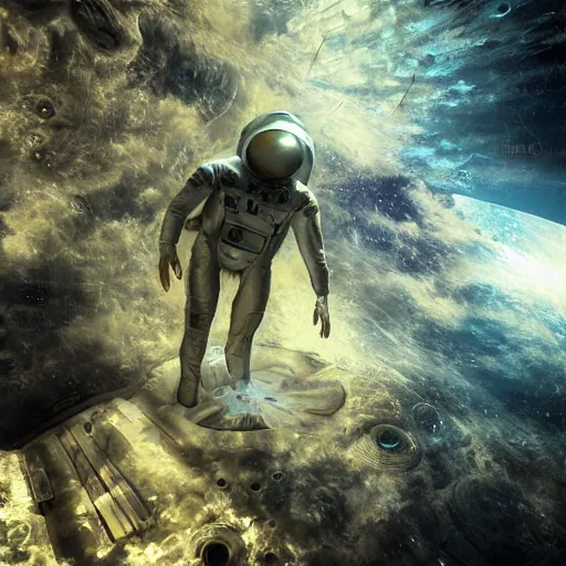 Image similar to concept art by craig mullins astronaut in futuristic dark and empty spaceship underwater. infrared complex and hyperdetailed technical suit. mandelbulb fractal. reflection and dispersion materials. rays and dispersion of light. volumetric light. 5 0 mm, f / 3 2. noise film photo. flash photography. interstellar movie art