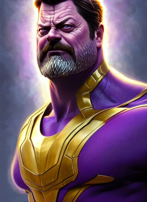 Image similar to portrait of nick offerman as thanos, muscular! fantasy, intricate, elegant, highly detailed, digital painting, artstation, concept art, smooth, sharp focus, illustration, art by artgerm and greg rutkowski and alphonse mucha