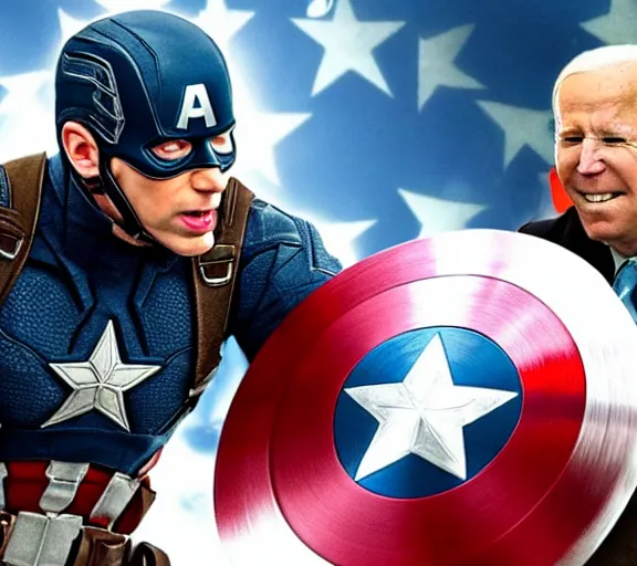 Prompt: photo of captain America violently hitting Joe Biden with his shield