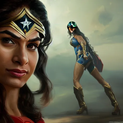 Prompt: a potrait of Mia Khalifa as Wonder Woman by Greg Rutkowski, Sung Choi, Mitchell Mohrhauser, Maciej Kuciara, Johnson Ting, Maxim Verehin, Peter Konig, Zack Snyder, 8k photorealistic, cinematic lighting, HD, high details, dramatic, trending on artstation,