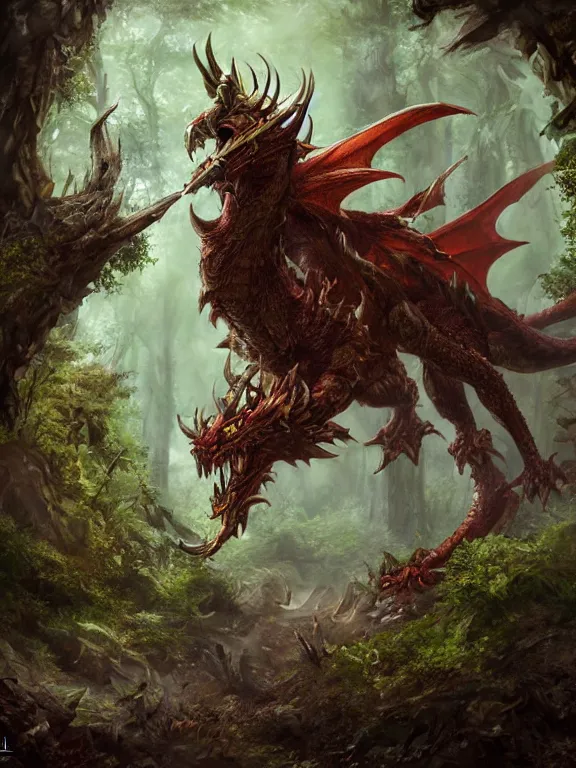 Prompt: final fantasy beast in the woods, dragon, highly detailed, digital art, sharp focus, trending on art station, warhammer fantasy,