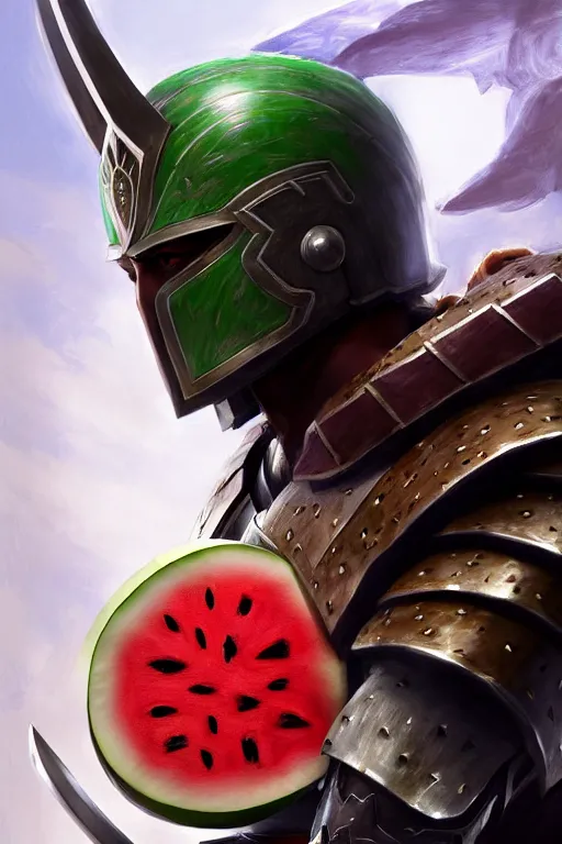 Image similar to a spartan king with a watermelon as shield, intricate, headshot, key visual, conceptart, ambient lighting, highly detailed, digital painting, artstation, concept art, sharp focus, by makoto shinkai and akihiko yoshida and greg manchess