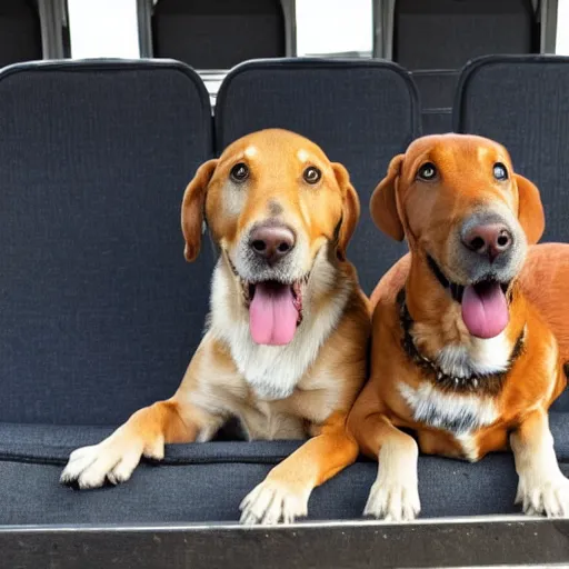 Image similar to a photo of two dogs sitting in front of the bus, hd award winning photograph, high detailed, 2001 style