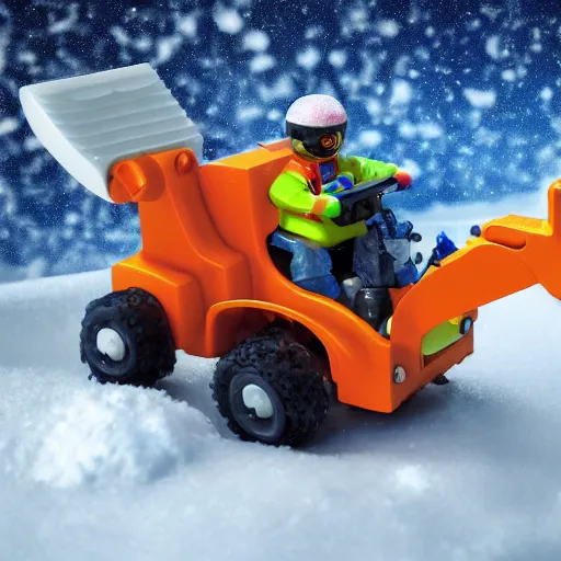 Image similar to toy space excavator riding on snow, 3 3 mm close up photo