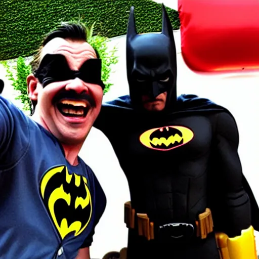 Prompt: batman happy to take a selfie with mario