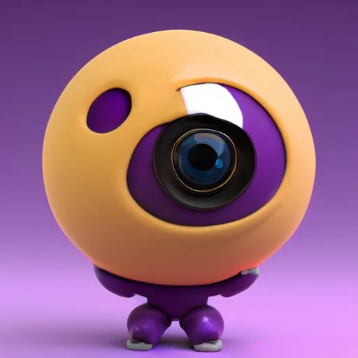 Image similar to photo of a comically tiny clay model of character with large spherical purple head and large childlike eyes with comically tiny body and spindly limbs leans close to the camera, fish eye lens, 4 k, hyper realistic, hyper detailed face, octane render, comedic, cute