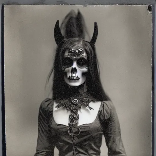 Prompt: a photo of young woman with horse face, gothic style, skulls are lying underneath