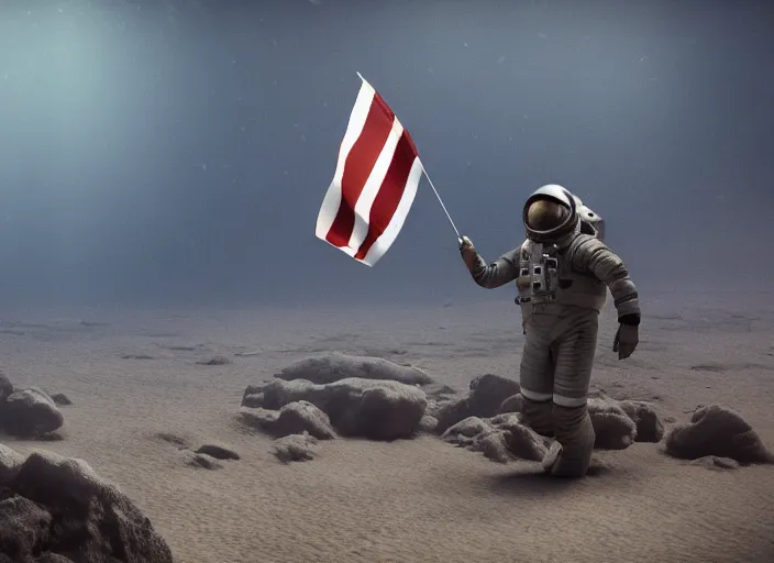 Image similar to astronaut holding a flag in an underwater desert. a submarine is visible in the distance. dark, concept art, cinematic, dramatic, atmospheric, 8 k, trending on artstation, blue, fish, low visibility, fog, ocean floor, christopher nolan, interstellar