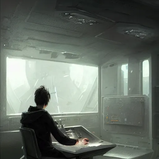 Image similar to concept art by greg rutkowski, a very tall, and slender man with messy black hair, wearing a beige and black sweater, sitting in the spaceship command bridge, brutalist futuristic interior, dark lighting atmosphere, detailed portraits, nostalgic atmosphere, scifi, digital painting, artstation, concept art, smooth, sharp foccus ilustration, artstation hq