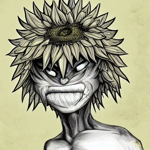 Prompt: Sunflower goblin monster, semi realistic, anime art style, trending on art station