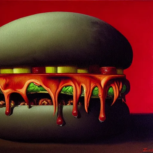 Image similar to horrifying eldritch cheeseburger, painting by zdzisław beksinski, product photograph, 4 k, dark atmosphere, horror, veins, oozing slime