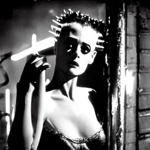 Image similar to cinematic portrait of bride of frankenstein as a replicant in a nightclub, frightened and angry, ready to fight, still from the movie bladerunner, fashion photography, a neon sign is in the background