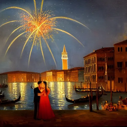 Image similar to an oil painting of couple kissing, in a background fireworks in venice