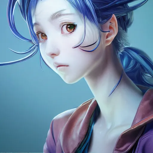 Image similar to the portrait of a blueberry that resembles an absurdly beautiful, graceful, elegant, sophisticated anime girl, an ultrafine hyperdetailed illustration by kim jung gi, irakli nadar, intricate linework, bright colors, octopath traveler, final fantasy, unreal engine 5 highly rendered, global illumination, radiant light, detailed and intricate environment