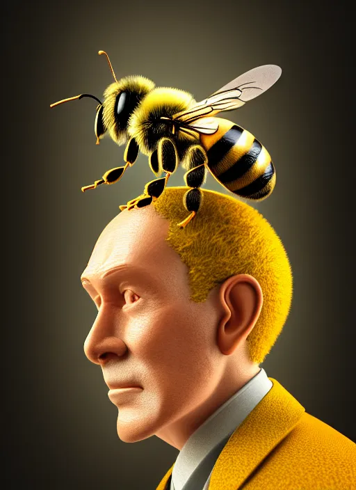 Prompt: photo portrait of a man named Doctor Bee's from Harry Partridge, elegant pose, very detailed, highly detailed Bee themed costume, photorealism, artstation, different point of view, sharp focus, photorealistic, soft diffuse autumn lights, some sunlight ray, dark room wall, canon 5D 50 mm lens, zen natural background