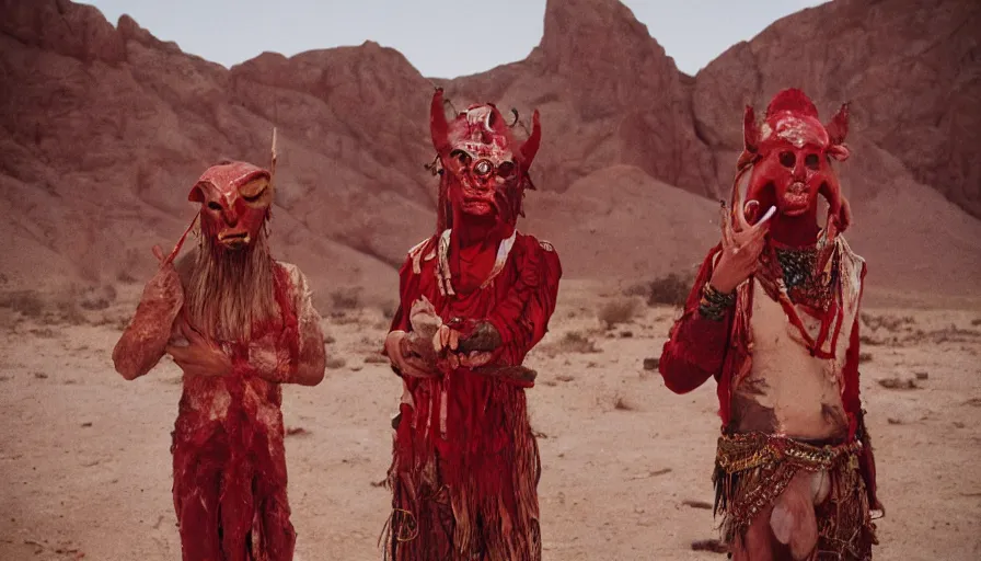 Prompt: high realistic photo portrait of esoteric tribes members with meat flesh bloody mask and elaborate red clothes in the desert, cinestill 800t 35mm, heavy grain, high quality,