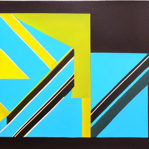 Image similar to painting of rectangle, triangle shapes ( blue, yellow, green ) divided by black lines