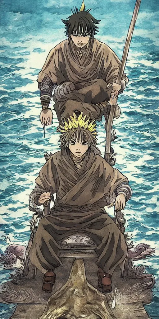 Image similar to a lone king sitting on a throne floating on water in the middle of a lake drawn by Makoto Yukimura in the style of Vinland saga anime, full color