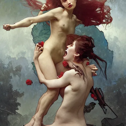 Image similar to two angry zombie girls attacking each other, intricate, art by artgerm and greg rutkowski and alphonse mucha and william - adolphe bouguereau, high detailed, 4 k,