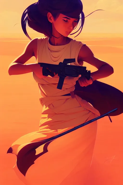 Prompt: smooth weapon, desert colors, centered median photoshop filter cutout vector behance hd by artgerm, jesper ejsing, by rhads, makoto shinkai and lois van baarle, ilya kuvshinov, rossdraws, illustration, art by ilya kuvshinov and gustav klimt