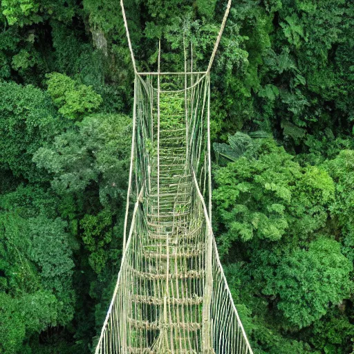 Image similar to Rope bridge in a lush jungle, from above