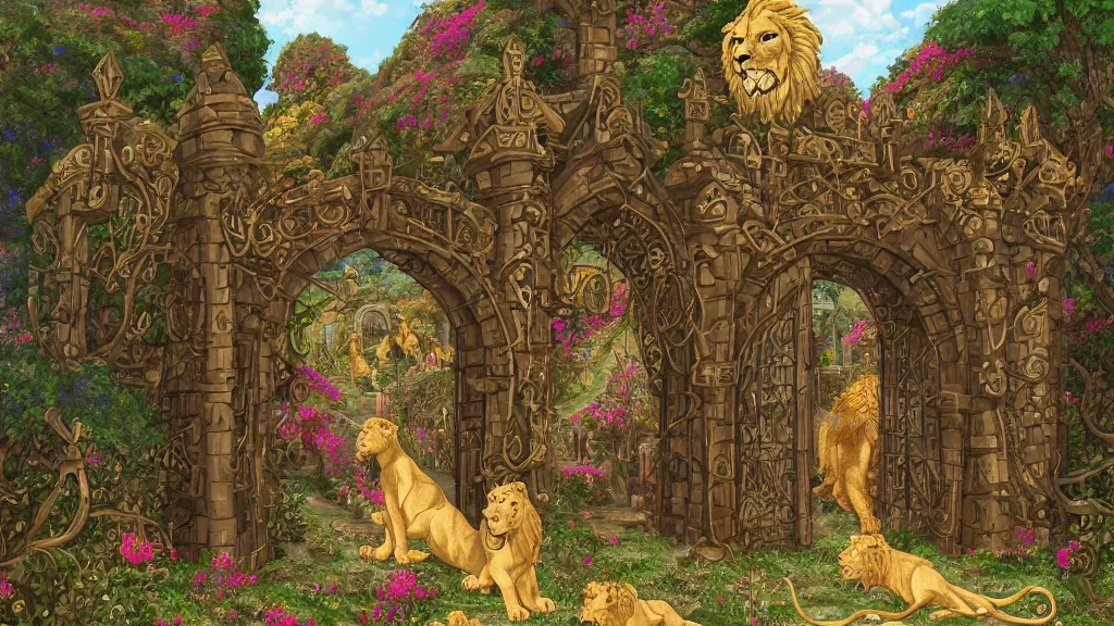 Image similar to A giant medieval fantasy gate with an gold carved lion face at the center, vines, thorns, roses, flowers, vivid vegetation, pastel color tones, clear clean, Ilya kushinov, by Makoto Shinkai, Studio Ghibli, Miyazaki, Kyoto Animation, digital 2D, painterly style, gouache illustration, high contrast, cute, kawaii, golden ratio, rule of thirds