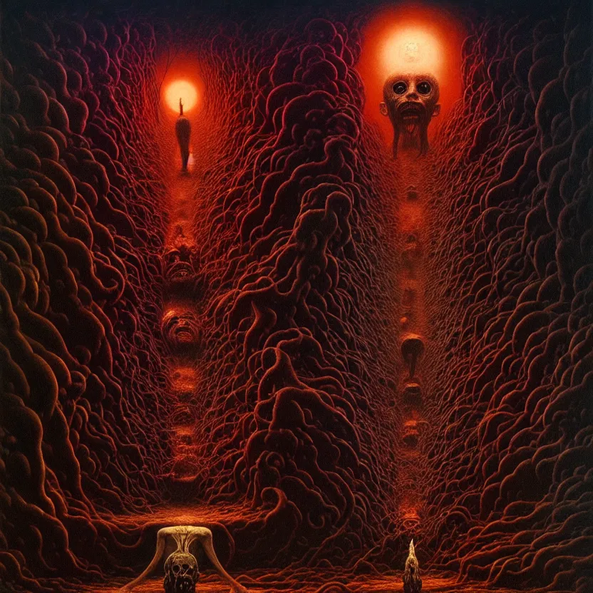 Prompt: a bizarre nightmare, cosmic horror, by zdzisław beksinski and greg rutkowski and esao andrews and salvador dali, oil on canvas, mixed media, abstract, artstation, surreal, hell, horror, dark, intricate textures