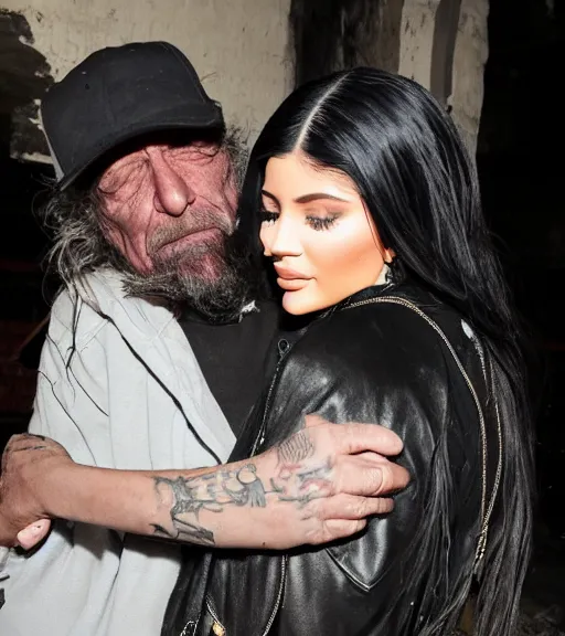 Prompt: a dirty hobo hugging kylie Jenner in a derelict castle