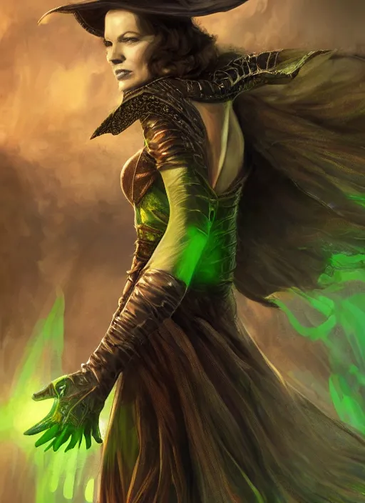 Image similar to beautiful female wicked witch, milla jovovich as the wicked witch of the west, full body character concept, armor, super powers, fantasy, intricate, elegant, highly detailed, digital painting, artstation, concept art, shining, sharp focus, illustration, art by stanley lau