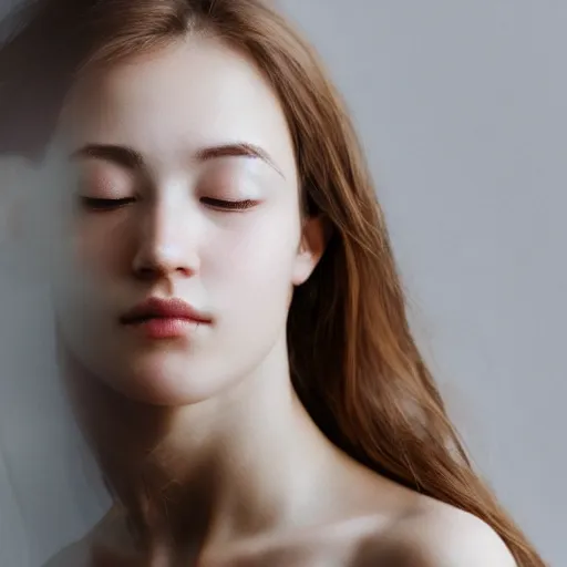 Prompt: photorealistic portrait of a beautiful young woman, very blurry, out of focus, translucent stone white skin, closed eyes, foggy, closeup, hair on shoulder