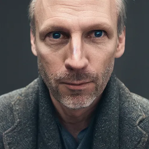 Image similar to portrait of a middle aged balding white male model By Emmanuel Lubezki