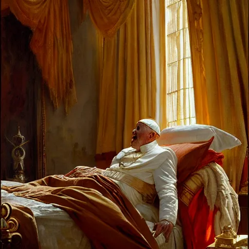 Prompt: the pope wakes up is his bed, sweating, nervous and terrified, a shadow demon lurks in the curtains of the papal bedroom. highly detailed painting by gaston bussiere, j. c. leyendecker, greg rutkowski, craig mullins 8 k